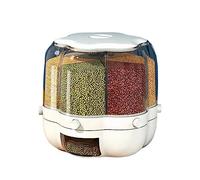 kiskick Rice Container,360 Degree Rotating Dry Food Dispenser with Removable Top Cover Moisture-Proof 6 Compartment Transparent Round Cereal Lentil Organizer for Rice & Beans White XL