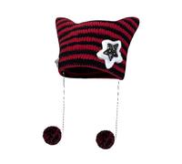 kiskick Striped Print Knitting Hat Japanese Style Cat Ear Beanie Star Autumn Winter Plush Ball Pendant Warm Red One Size