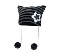 kiskick Striped Print Knitting Hat Japanese Style Cat Ear Beanie Star Autumn Winter Plush Ball Pendant Warm Grey One Size