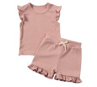 KISLOVE Baby Girls Summer Clothes Ribbed Ruffle T-shirt with Shorts Set Kids Flare Sleeve Toddler Outfit 2 Piece Clothes for Little Girls, Coral 5-6 Years