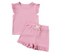 KISLOVE Baby Girls Summer Clothes Ribbed Ruffle T-shirt with Shorts Set Kids Flare Sleeve Toddler Outfit 2 Piece Clothes for Little Girls, Pink 6-12 Months