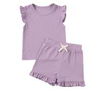 KISLOVE Baby Girls Summer Clothes Ribbed Ruffle T-shirt with Shorts Set Kids Flare Sleeve Toddler Outfit 2 Piece Clothes for Little Girls, Purple 2-3 Years