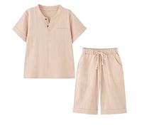 KISLOVE Boys Summer Clothing Cotton Linen Set Henley Collar Short Sleeve Shirt with Shorts Kids 2 Pieces Sets Casual Outfits Khaki, 12-14 Years
