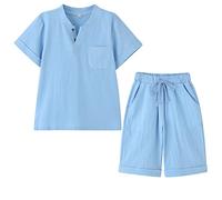 KISLOVE Boys Summer Clothing Cotton Linen Set Henley Collar Short Sleeve Shirt with Shorts Kids 2 Pieces Sets Casual Outfits Blue, 12-14 Years