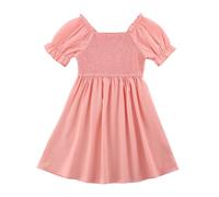 KISLOVE Girls Dress Summer Square Neck Dresses Ruffled Puff Sleeve A-Line Skirt Kids Solid Color Casual Birthday Party Wedding, Pink 13-14 Years