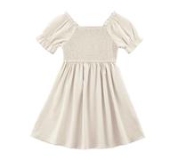 KISLOVE Girls Dress Summer Square Neck Dresses Ruffled Puff Sleeve A-Line Skirt Kids Solid Color Casual Birthday Party Wedding, Beige 13-14 Years