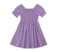 KISLOVE Girls Dress Summer Square Neck Dresses Ruffled Puff Sleeve A-Line Skirt Kids Solid Color Casual Birthday Party Wedding, Purple 13-14 Years