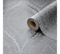 Kismet Damask Kismet Glitter Metallic Effect Wallpaper Silver Grandeco A17703