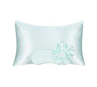 KISMETICS - 100% Vegan Silk Sleep Set, Silky Pillowcase with Large Scrunchie and Eye Mask for Hair and Skin, Self Care Essential Satin Night Routine Kit Mint Blue