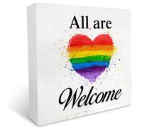 kisoyo All are Welcome Wooden Box Sign Desk Decor 7x7 Inch Diversity Box Sign Wood Plaque Block Sign Pride Rainbow Home Office Classroom Decor