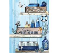 kisoyo Bathroom Decor Tin Sign Navy Blue Bathroom Pictures Wall Decor Funny Rustic Farmhouse Bathroom Signs Please Seat Yourself Wall Art Print Beach Nautical Sea Turtle Bathroom Decor 8x12 Inch