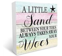 kisoyo Beach Wooden Box Sign Desk Decor, A Little Sand Between Your Toes Always Takes Away Your Woes Wood Block Sign Ocean Theme Sign Decorative Wooden Table Sign,Home Shelf Desk Decoration 7x7 Inch