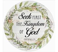 kisoyo Bible Verse Seek First The Kingdom of God Round Metal Tin Sign Wall Decor Rustic Mathew 633 Scripture Wreath Sign Christian Home Office Wall Decor 12x12 Inch