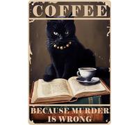 kisoyo Black Cat Metal Tin Sign - Coffee Because Murder is Wrong Vintage Home Decor Art Sign, Iron Painting Retro Fun Plaque Poster for Kitchen Cafe Halloween Decor Tin Sign 12x16 Inch