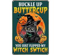 kisoyo Black Witch Cats Funny Vintage Tin Sign Metal Poster, Halloween Witch Cat Retro Tin Sign For Bar Home Coffee Wall Art Decor For Cat Lovers Housewarming Gifts 8x12inch