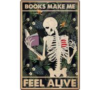 kisoyo Books Make Me Feel Alive Skeleton Sign, Book Sign, Bookish Gift, Reading Sign, Bookworm Gifts, Skeleton Reading Books Sign Metal Tin Sign For Kitchen 12x16Inch