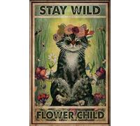 kisoyo Cat And Flower Vintage Metal Plate Retro Tin Sign Hippie Wall Decor, Cat Lover, Funny Cat Poster, Cats and Plants Art Novelty Wall Decor for Home Living Room,Bedroom,Porch 8x12 Inch
