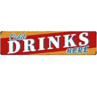kisoyo Cold Drinks Here Metal Tin Sign Vintage Art Poster Plaque Snack Bar Pub Cafe Kitchen Home Wall Decor Novelty Gift 4"x16" Retro Street Signs Decorations (Orange Red & Yellow