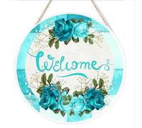 kisoyo Cskhip Teal Roses Welcome Rustic Round Hanging Wood Sign Door Sign Exterior Home Cave Garage Bar Country Poster Club Wall Plaque Decoration 10"x10"