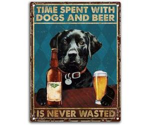 kisoyo Dog Tin Sign Funny Black Labradors Never Waste Beer Time With Dogs Rustic Decor Vintage Sign Home Kitchen Bar Cafe Club Cave Wall Decor Metal Sign 12x16 Inch