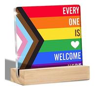 kisoyo Everyone is Welcome Here Clear Desk Decorative Sign Diversity Acrylic Sign with Stand Progress Pride Flag Rainbow Table Plaque Sign Keepsake Equality Art Classroom Home School Decor