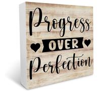 kisoyo Farmhouse Motivational Sayings Wooden Box Sign Progress Over Perfection Wood Block Tabletop Sign Decorative Desk Sign Home Office Shelf Decor 5x5 Inches