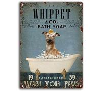 kisoyo Fun Dog Metal Sign Bath Soap Whippet Whippet Rustic Decor Retro Sign Home Kitchen Bar Cafe Club Cave Wall Decor Vintage Tin Sign 12x16 Inch