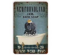 kisoyo Funny Dog Metal Sign Newfoundland Bathroom Wash Your Paws Retro Decor Art Sign Home Kitchen Bar Cafe Club Cave Wall Decor Vintage Tin Sign 12x16 Inch