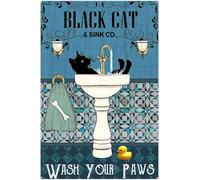 kisoyo Funny Metal Tin Signs Black Cat Wash Your Paws Signs, Cat Signs Tin Signs for Man Cave 12x16inch