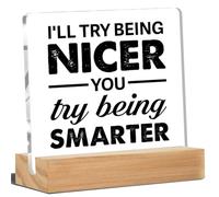 kisoyo Funny Office Desk Sign I'll Try Being Nicer You Try Being Smarter Acrylic Desk Plaque Sign Home Office Decor 4x4 Inch