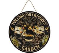 kisoyo Garden Sign Pollinator Friendly Bee Retro Yard Wooden Plaques Hanging Outdoor Rustic Wall Decor, Bee Pollinator Friendly Garden Wooden Sign Gift For Men & Women, Family 12"x12"