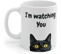 kisoyo I'm Watching You Cat Coffee Mug - Humorous Black Cat Mug with Intense Gaze for Cat Lovers