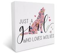 kisoyo Just A Girl Who Loves Wolves Wooden Box Sign Desk Decor Wolf Gifts Funny Wolf Sign Wood Block Plaque Sign for Women Wolf Lovers Girls Room Bedroom Shelf Table Decoration 5x5 Inch