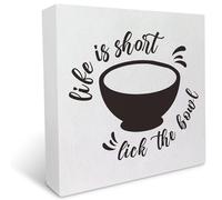 kisoyo Life is Short Lick the Bowl Wooden Box Sign Desk Decor, Kitchen Quote Wood Box Sign for Farmhouse Home Shelf Table Decoration 5x5 Inch