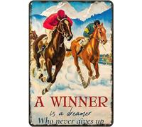 kisoyo Metal Sign Horse Racing a Winner is a Dreamer Never Gives Up Rustic Decor Vintage Tin Sign Home Kitchen Bar Farm Cafe Club Cave Wall Decor Horse Racing Tin Sign 8x12 Inch