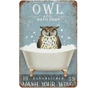 kisoyo Metal tin Sign，Retro Style，Novelty Poster，Iron Painting，Owl &Co. Bath Soap Wash Your Wings Vertical Tin Sign Funny Owl Wall Art Print, Wall Decoration 12x16 Inches