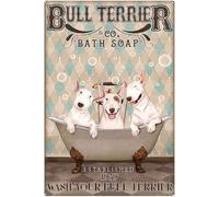kisoyo Metal Tin Signs Funny Bull Terrier Bath Soap Company Signs, Dog Signs, Dog Lover Gift, Dog Bathroom Decor, Dog Bathroom Wall Art, Bull Terrier Tin Sign for Bar 8x12inch