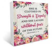 kisoyo Proverbs 31:25 She is Clothed in Strength and Dignity Floral Wooden Sign Desk Decor,Bible Verse Wood Block Sign Desk Decorations for Christian Home Bedroom Girls Room Office Shelf Table Decor