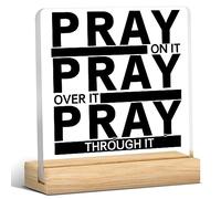 kisoyo Religious Gifts Christian Gift Pray Quote Clear Desk Decorative Sign Pray on It Pray Over It Pray Through It Acrylic Plaque With Wooden Stand 4x4 Inch Prayer Sign Home Desk Decor