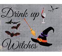kisoyo Retro Metal Tin Sign Drink Up Witches, Halloween Witch Sign, Bat Sign Vintage Metal Home Bar Tavern Pub Club Man Cave Halloween Wall Decor 8x12inch