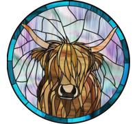 kisoyo Retro Round Metal Tin Sign Stained Glass Highland Cow Sign, Wreath Sign, Door Sign Rustic Home Kitchen Bathroom Bedroom Garden Parlor Wall Art Decor 12x12inch