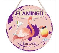 kisoyo Round Hanging Wood Sign Flamingo Lounge Sign Vintage Retro Pink Wooden Plank Sign Outdoor Wall Decor Plaque Poster for Club Bar Cafe Garage Bathroom Kitchen Decorations 8"x8"
