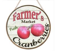 kisoyo Round Hanging Wood Sign Rustic Wall Decor Farmers Market Fresh Cranberries Welcome Sign for Home Garden Kitchen Bar Cafe Restaurant Garage Retro Vintage Wall Art 12"x12"