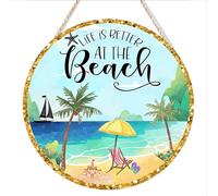 kisoyo Round Hanging Wood Sign Rustic Wall Decor Wall Plaque Beach Wreath Sign,Life is Better at The Beach Sign,Suitable for Home Garden Kitchen Bar Cafe Restaurant Garage Wall Decor 12"x12"