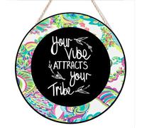 kisoyo Round Hanging Wood Sign Rustic Wall Decor Your Vibe Attracts Your Tribe Round Hanging Wood Sign Plaque for Home Garden Kitchen Bar Cafe Restaurant Garage Retro Wall Art 10"x10"