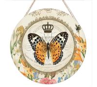 kisoyo Round Hanging Wood Sign Vintage French Shabby Chic Buttefly Rustic Wreath Sign Home Kitchen Bathroom Bedroom Garden Parlor Wall Art Decor 12"x12"