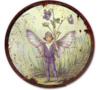 kisoyo Round Metal Tin Sign Dog Violet Fairy by Cicely Mary Barker Flower Fairies Vintage Wall Art Nursery Decor Fairy Print Home Decor Novelty Bedroom Courtyard Decoration Sign 12x12 Inch