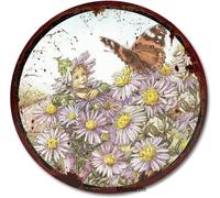 kisoyo Round Metal Tin Sign Michaelmas Daisy Fairy Cicely Mary Barker Flower Fairies Vintage Wall Art Nursery Decor Fairy Print Home Decor Novelty Bedroom Courtyard Decoration Sign 12x12 Inch