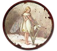 kisoyo Round Metal Tin Sign The Snowdrop Fairy Cicely Mary Barker Flower Fairies Vintage Wall Art Nursery Decor Fairy Print Home Decor Novelty Bedroom Courtyard Decoration Sign 12x12 Inch
