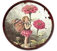 kisoyo Round Metal Tin Sign The Zinnia Fairy Cicely Mary Barker Flower Fairies Vintage Wall Art Nursery Decor Fairy Print Home Decor Novelty Bedroom Courtyard Decoration Sign 12x12 Inch